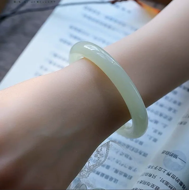 Natural blue white jade bracelet women thick round strip Hetian jade clear water bracelet genuine jewelry jade bracelet women