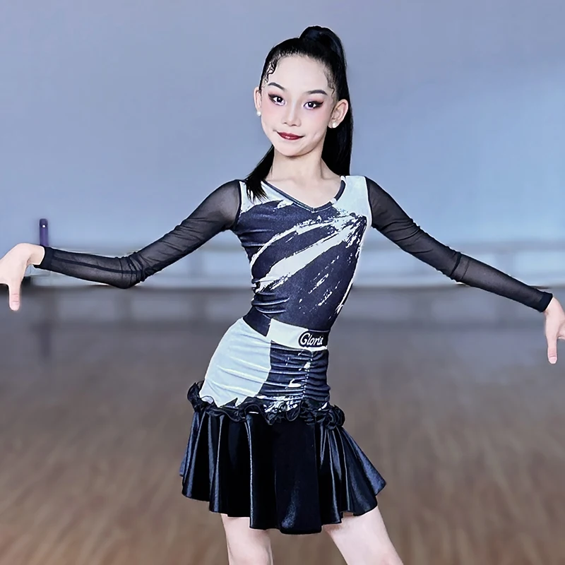 

Girls Velvet Latin Dance Performance Wear Printing Long Sleeve Bodysuit Skirt Rumba ChaCha Dance Outfit Practice Clothes DL11376