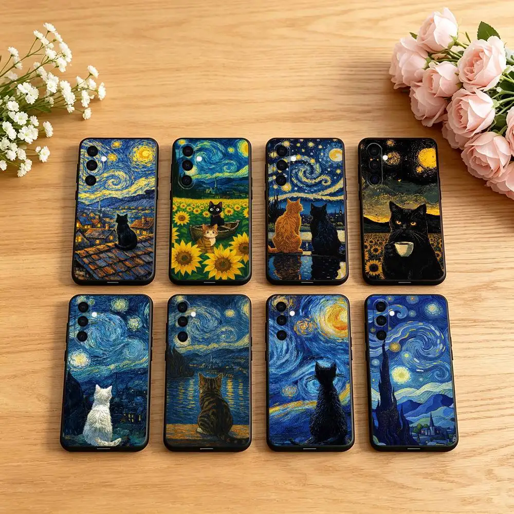 V-Van Gogh Starry Night Sunflower Cat Phone Case For Samsung Galaxy A73,A72,A71,A70,A53,A52,A51,Others Soft Black Cover