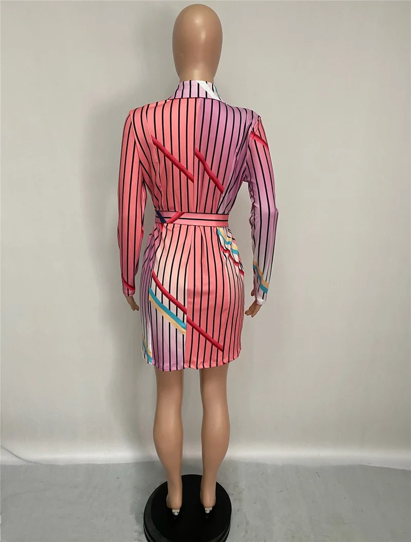 Indie Striped Multicolor Blazer Dress with Free Metal Buckle Belt Women Plus Size Mid-Length Dress Style Casual Office Blazer