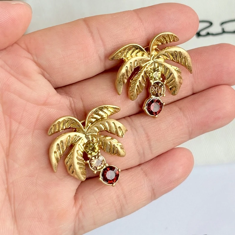 Fashion Vintage Cubic Zirconia Irregular Hollow Coconut Tree Stud Earrings, Elegant Daily Commute Jewelry Gift for Women