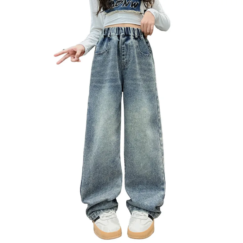 Girl\'s Denim Wide Leg Pants Spring and Autumn Jeans 2024 New Trendy Stylish Children\'s loose Pockets Slimming Straight leg Pants