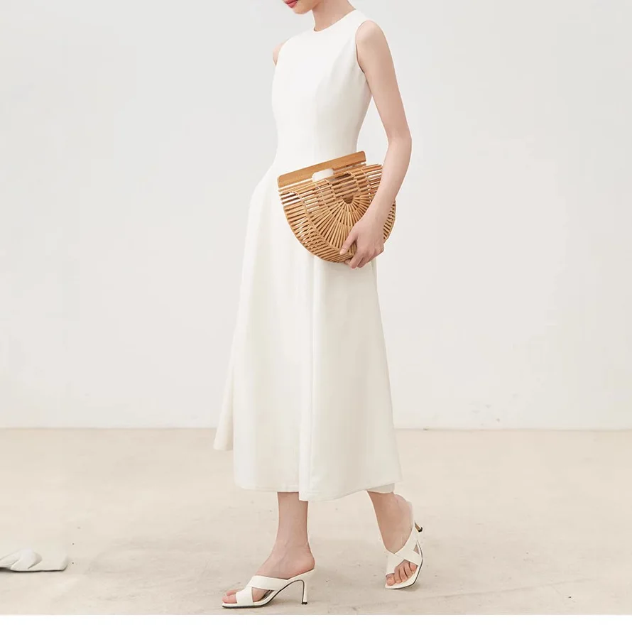 Women's Summer France Style Elegant A-line Empire Waist Dress O-neck Sleeveless Solid Color Simple Female Frock Dress