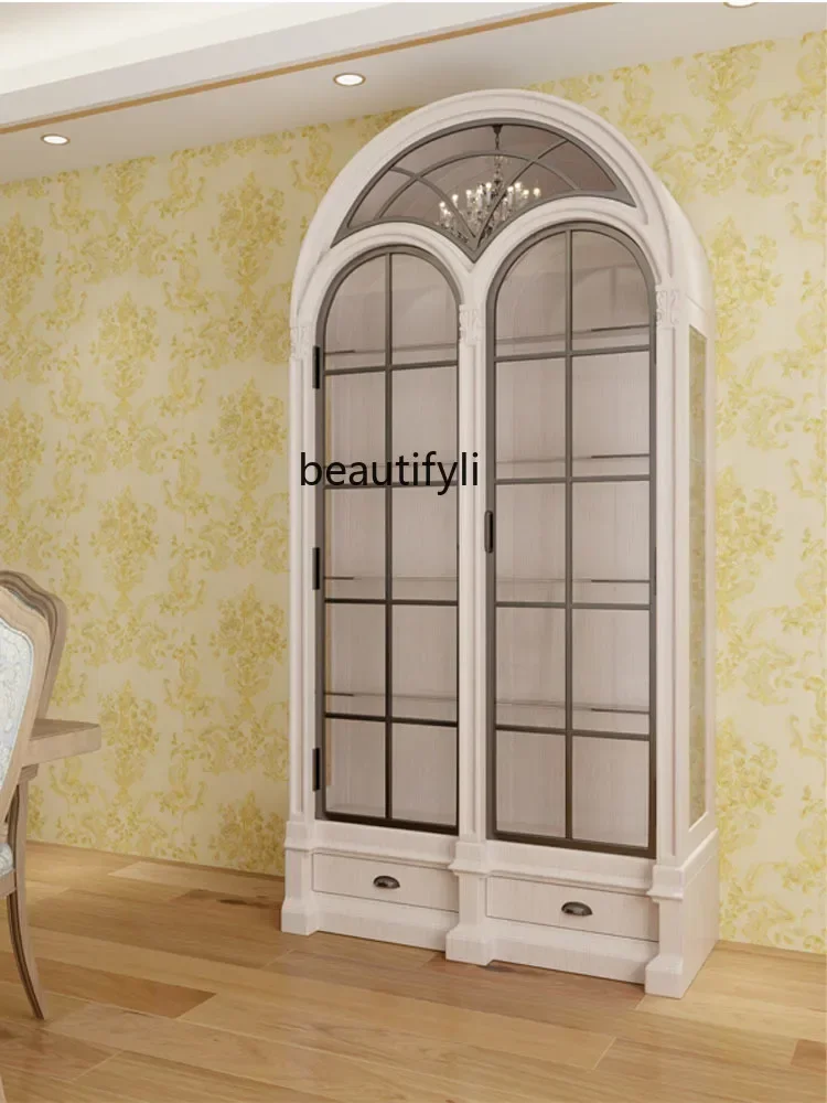 

X FH Retro Solid Wood Combined Bookcase Carved Wine Cabinet American Light Luxury Display Cabinet