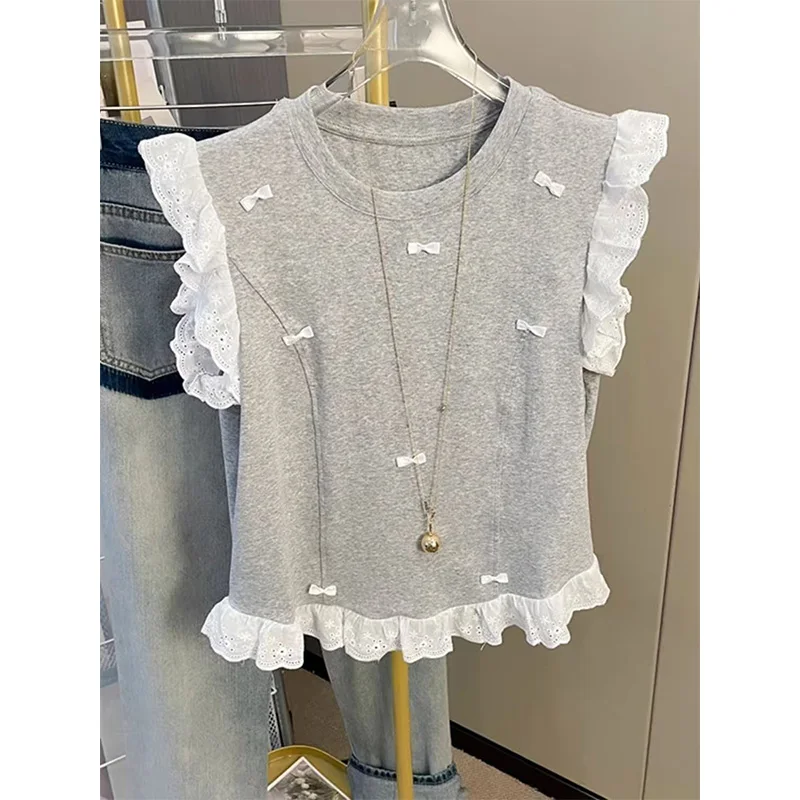 Femme Summer Fashion Slim Lace Solid Color O-neck Sleeveless Women Clothes Trend Fashionable Bow Knitting Top Appear Thin