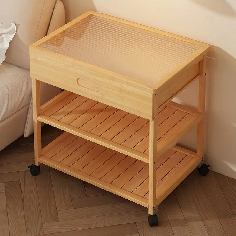 Removable mobile Bamboo coffee glass table bedside household Durable storage cabinet with wheels livingroom bedside cabinet