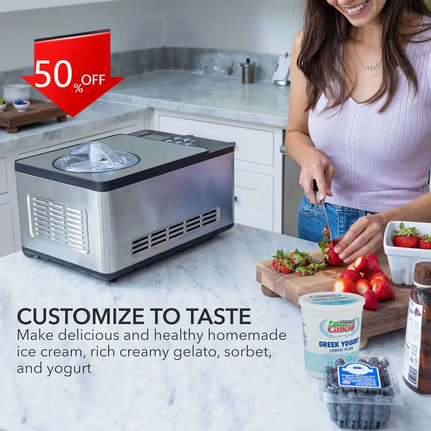 

[XMSJ]Ice Cream Maker Machine & Yogurt Automatic 2 Qt. with Built-In Compressor, LCD Digital Display & Timer, No Pre-Freezing