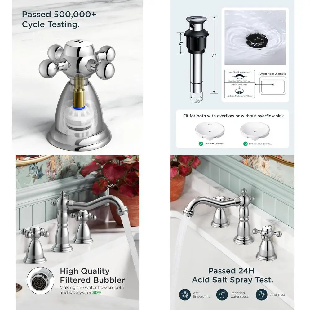 

8 широко распространенных старинных смесителей для раковины с 2 ручками и выдвижным сливом и линиями подачи для туалетного столика из полированного хромированного цвета, фургона и фермерского дома