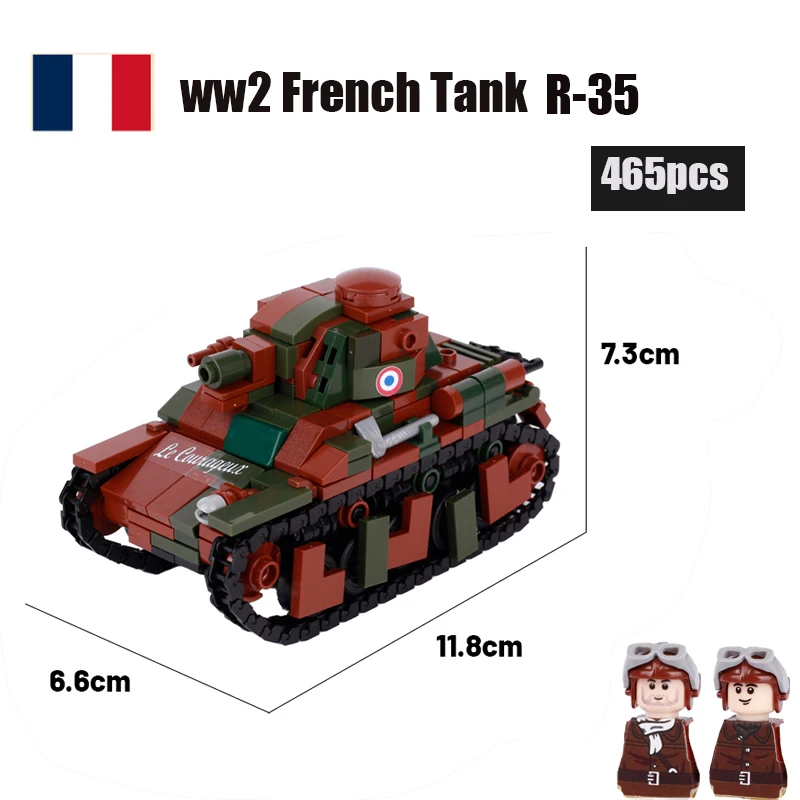 MOC WW2 French Military R-35 Tank Building Blocks Army Solider Figures Infantry Gun Car Vehicle Model Weapons images - 6