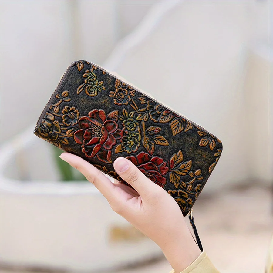 Cartera larga Retro de cuero PU tallada para mujer, cartera de viaje de gran capacidad para almacenamiento de teléfono móvil tallada tridimensional