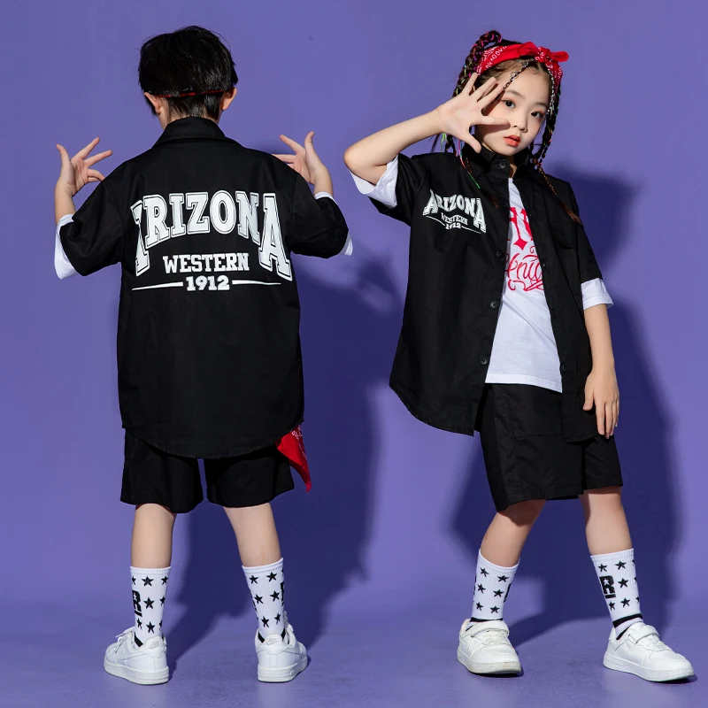 2023 novos trajes de dança jazz para crianças preto solto kpop outfits meninas meninos dança rua wear hip hop dança rave roupas dqs11969