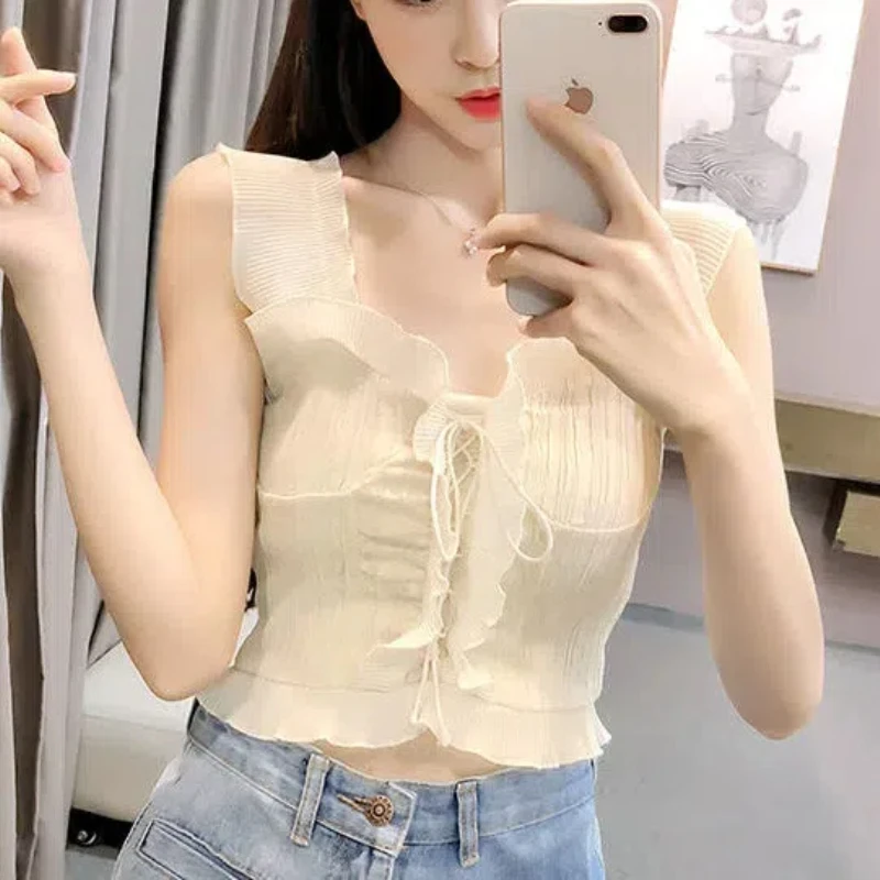 

Young Style Sexy Streetwear Summer New Solid Color Crop Top Sweet Drawstring Peplum Mini Flowy Sleeveless All-match Camisole