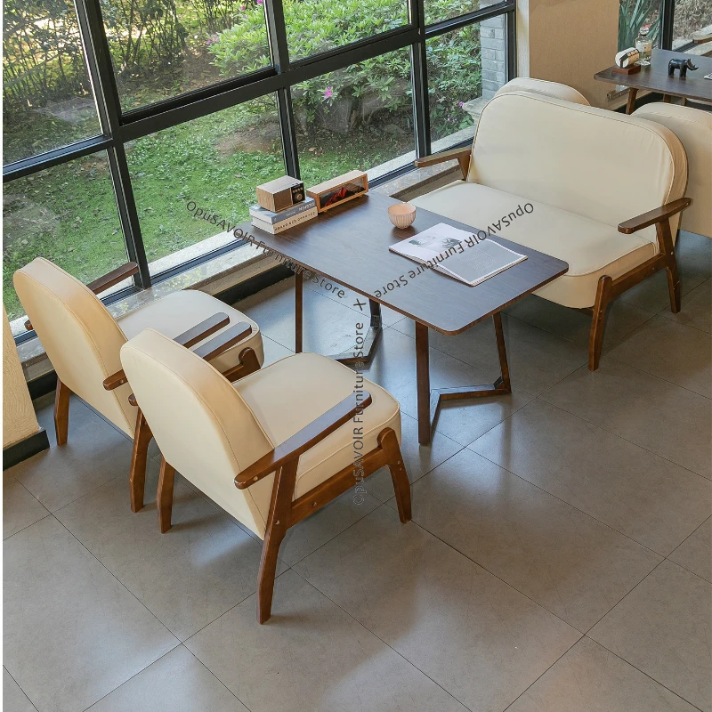 Commercial Cafe Furniture Set Solid Wood Table Chair with Booth Seating Tea House Milk Tea Shop Lounge Negotiation Area JT40C