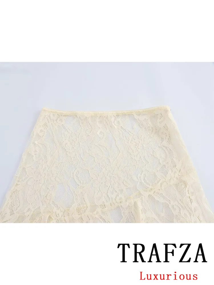 TRAFZA Vintage Casual Chic Women Skirt Solid Lace Zipper Long A-Line Skirt New Fashion 2024 Autumn Holiday Female Long Skirt