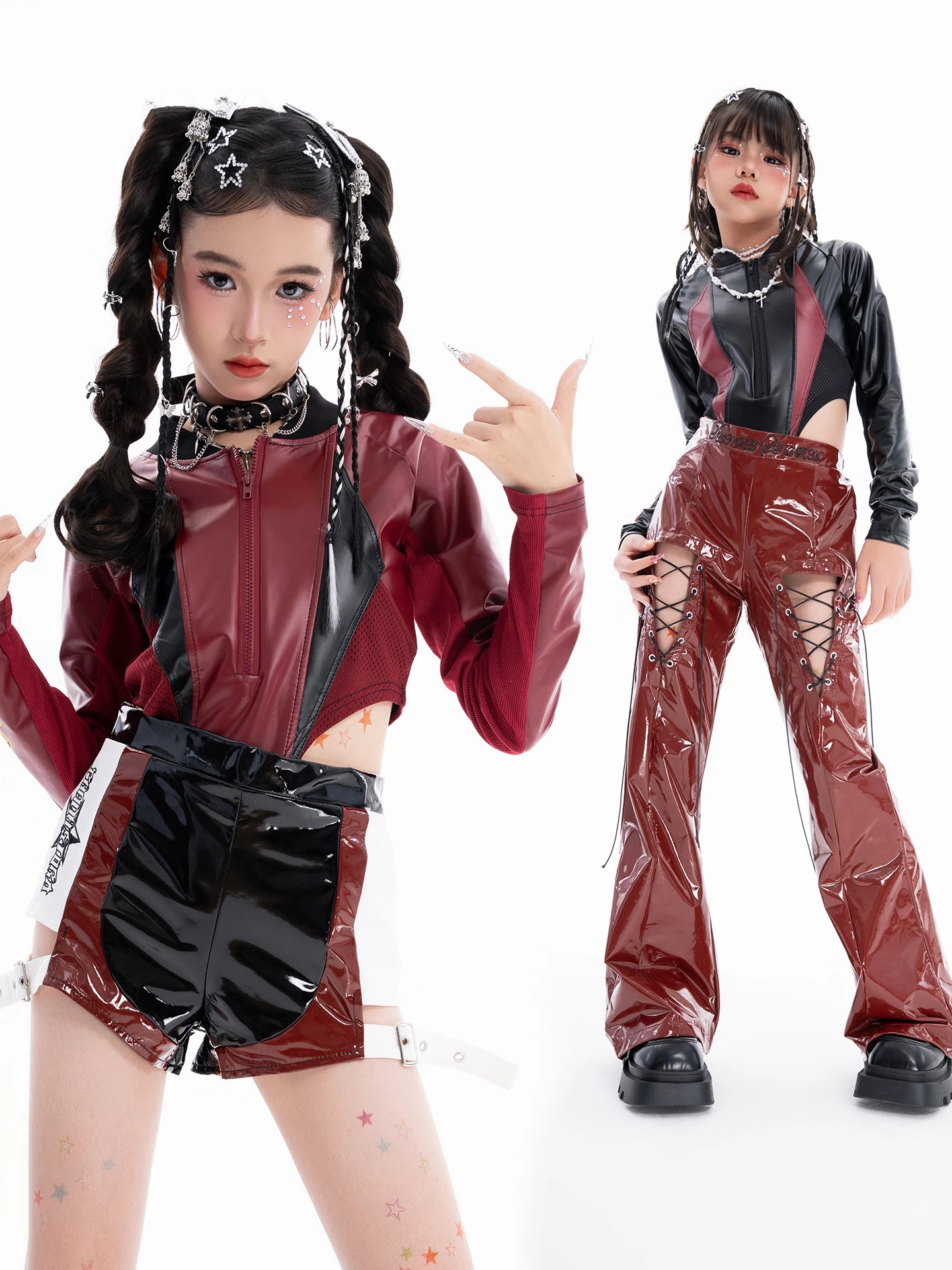 Nouveau Costume de danse Jazz filles groupes vêtements haut en cuir pantalons creux enfants Hip Hop vêtements Streetwear équipe scène vêtements DN22203
