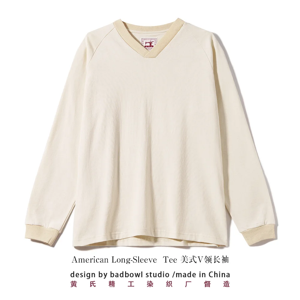 

300G Combed Cotton Long Sleeved T-shirt for Men, V-neck Long Sleeved Base Shirt, Loose Basic Style, Heavy-duty Washed