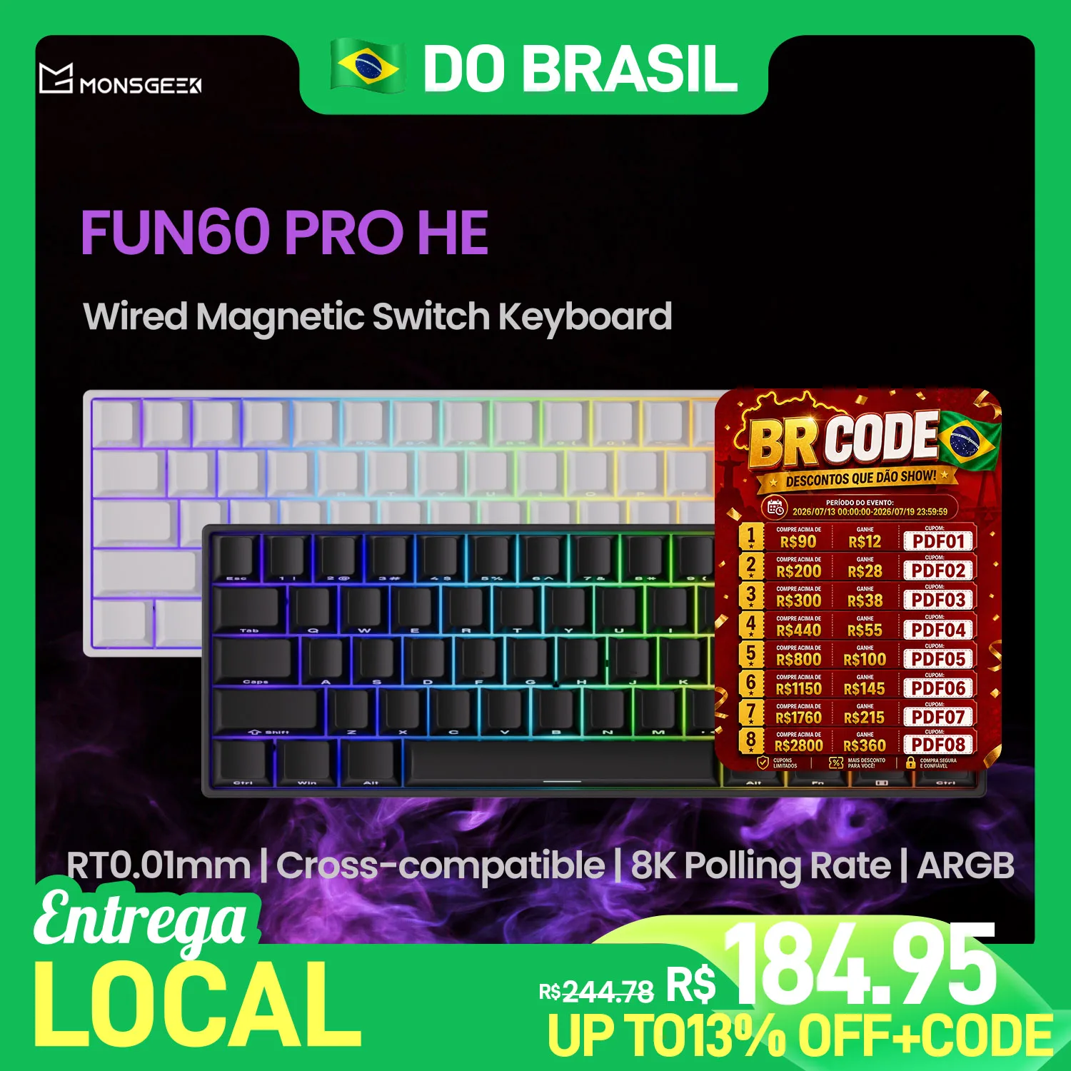 Teclado Magnético MonsGeek Akko Fun60 com fio RT 0.01mm 0.125ms 8000hz fun60pro fun 60