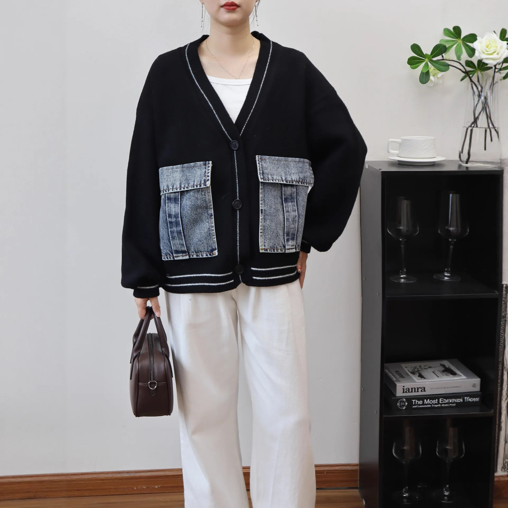 Women Blends Short Coats Casual Wool Jackets Denim Pocket Patchwork Long Sleeves Zipper Loose Office Lady Elegant 2025 Autumn - Image 4