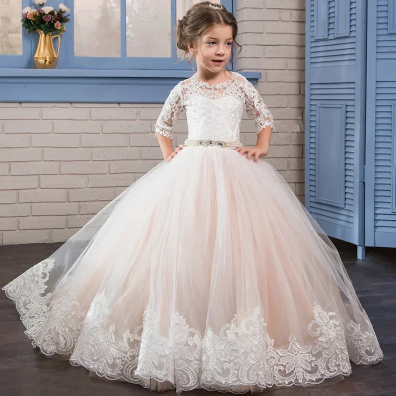 Geburtstagsparty-Kleider für die heilige Kommunion, Blumenmädchenkleider, Champagner, bauschige Applikationen, Juwelengürtel, Spitzensaum, halbe Ärmel für die Hochzeit
