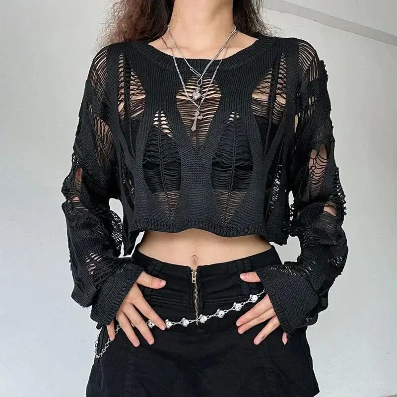 

Vintage Ripped Knitted Smo Sexy Faion Cropped Sweater Autumn 2025 Ladies Premium Clothing Other Material 00%