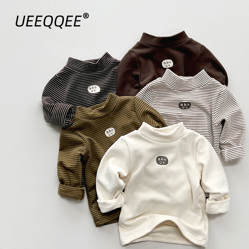 

Turtleneck Warm Striped 2023 Autumn Winter Children T Shirts Boys Girls Long Sleeve Tops Tees Kids Wear Toddler Clothes For 1-8Y