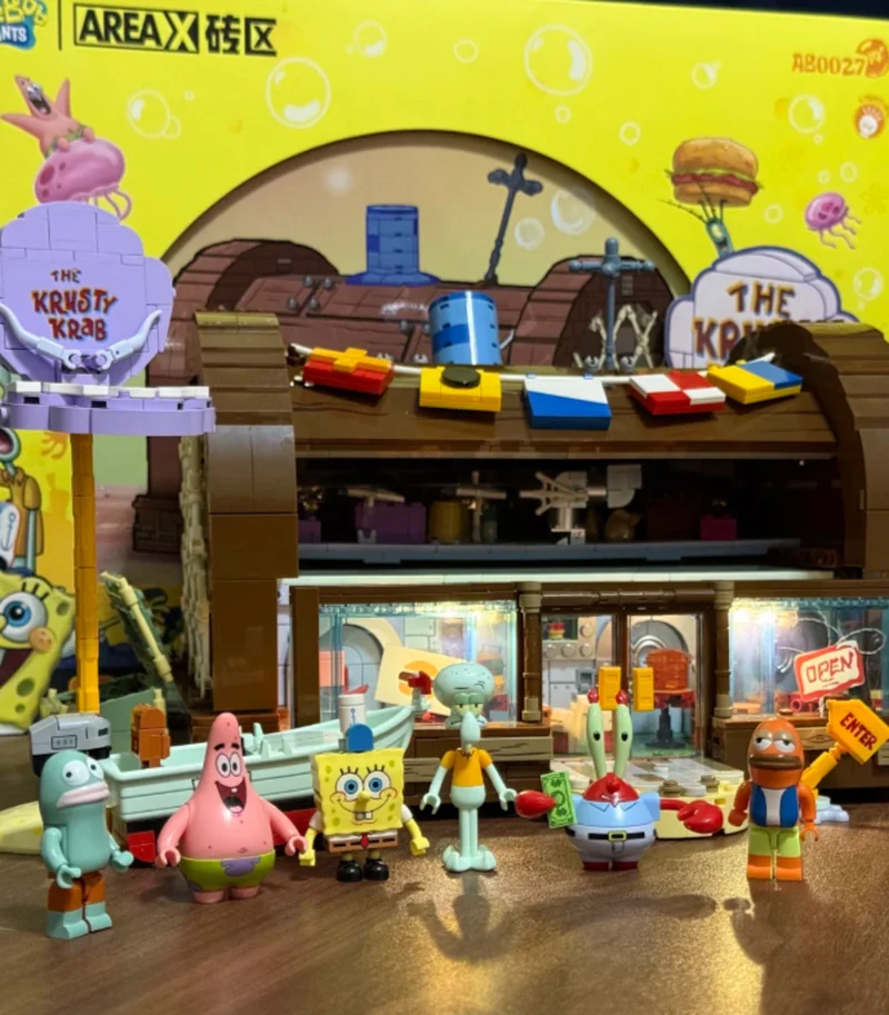 مكعبات بناء مطعم AREAX Brick Zone SpongeBob Krusty Krab، هدية لعبة لعيد ميلاد الأولاد والبنات