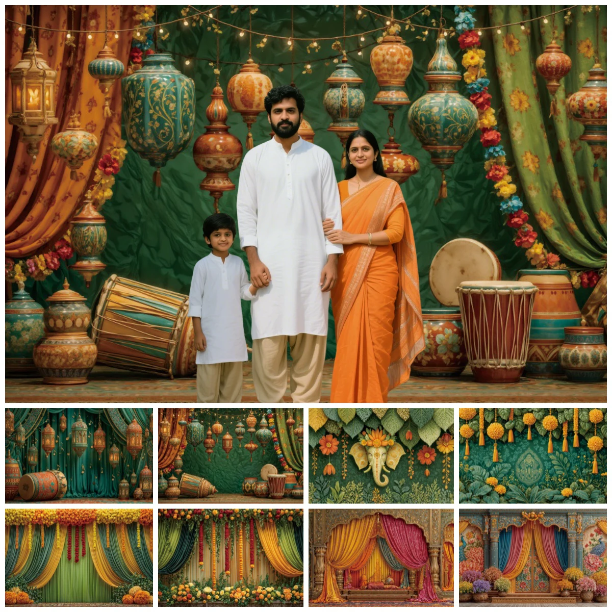 

Indian Religious Family Celebration Backdrop Green Leaves Curtains Marigold Flowers Traditional Wedding Photography Backgroud