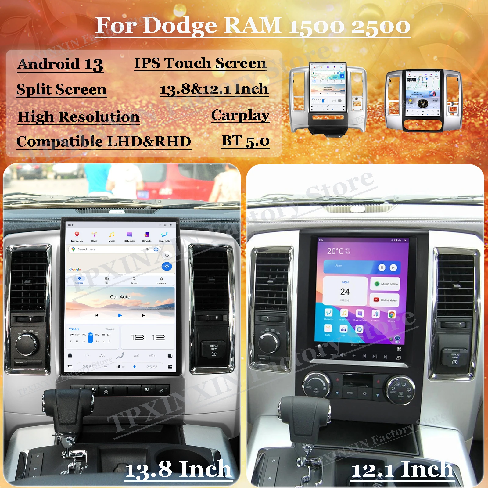 13.8Inch AI Voice Qualcomm Android Auto Multimedia Stereo For Dodge RAM 1500 2500 2008~2019 GPS Navigation Audio Radio Head Unit