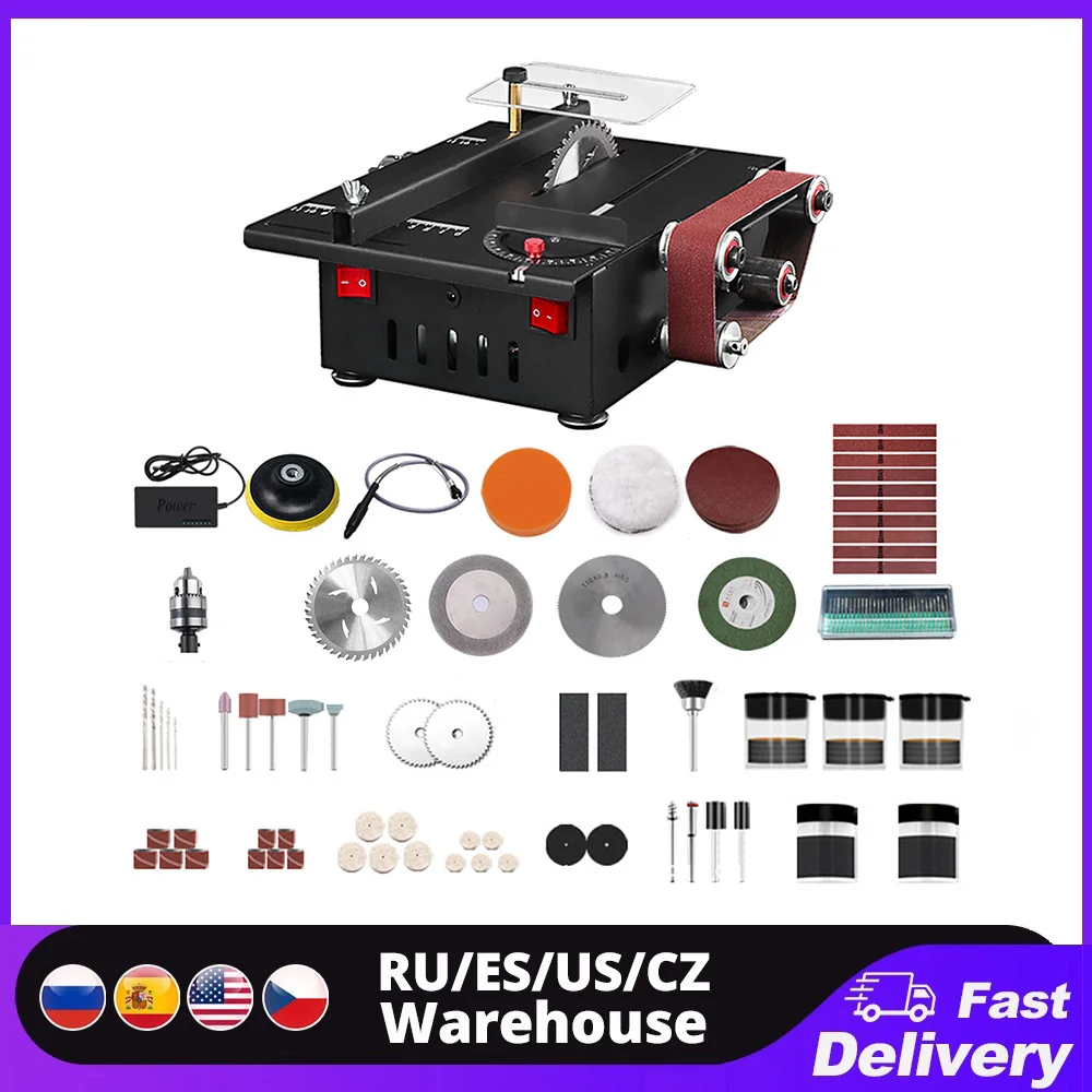 200W Mini Bench Saw and Belt Sander with Extension Rod, Collet, Grinding Carving Drilling Kit, Variable Speed Circular Table Saw