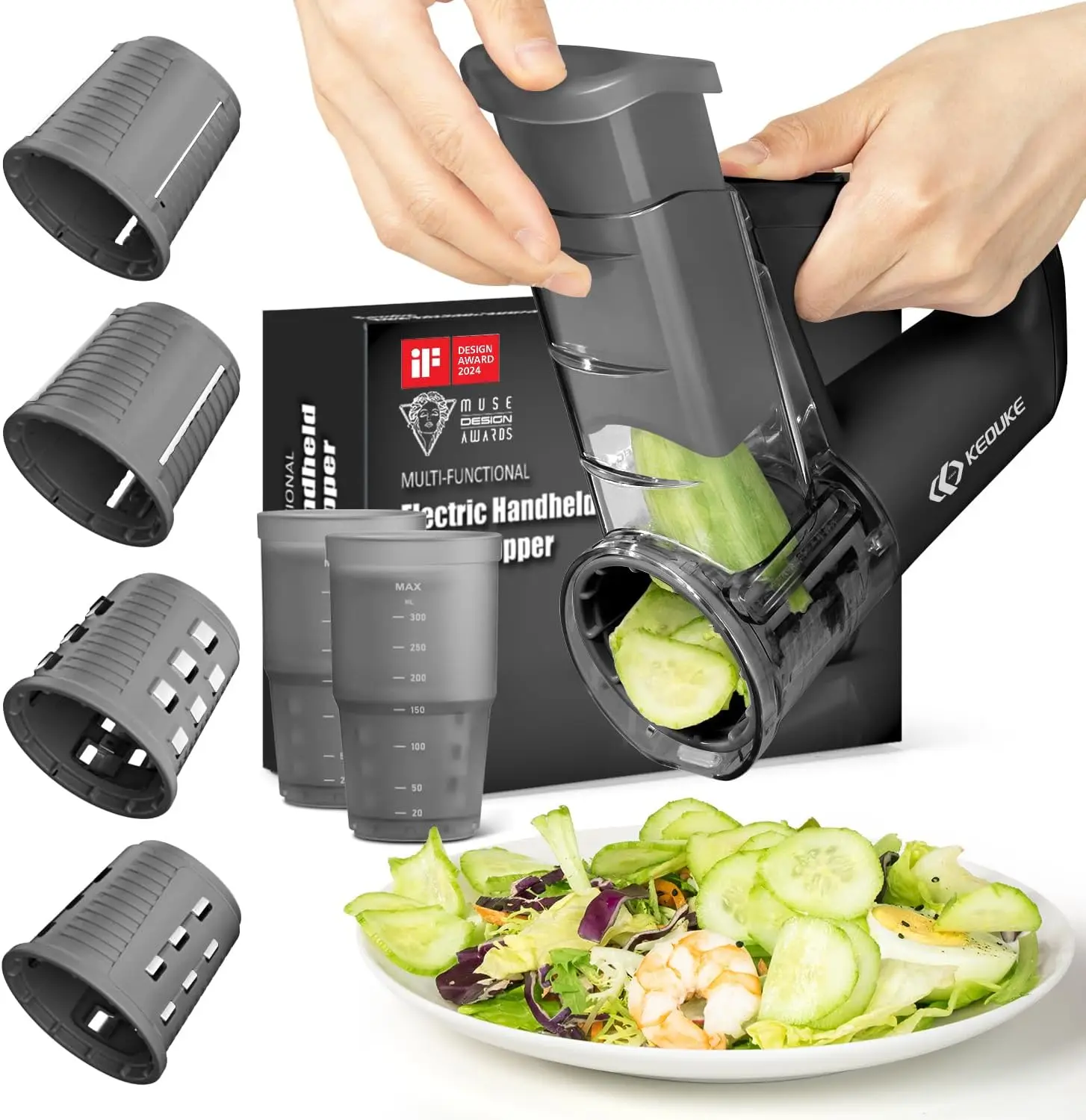 

Cordless Electric Salad Shooter with 4 Blades, Rechargeable Kitchen Chopper for Slicing, Shredding, Ice, Dual Storage Cups