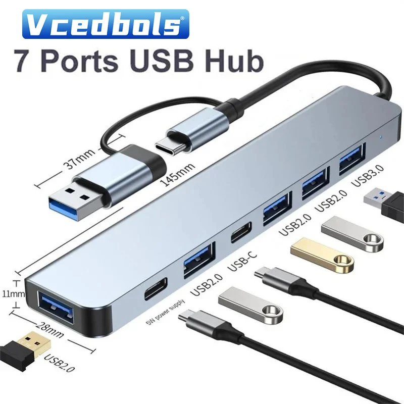 

7 IN 1 USB C TYPE-C Hub USB 3.0 Hub 5W PD Multiport Dock Station USB Splitte Multi 5Gbps Adapter for Laptop Computer Accessories