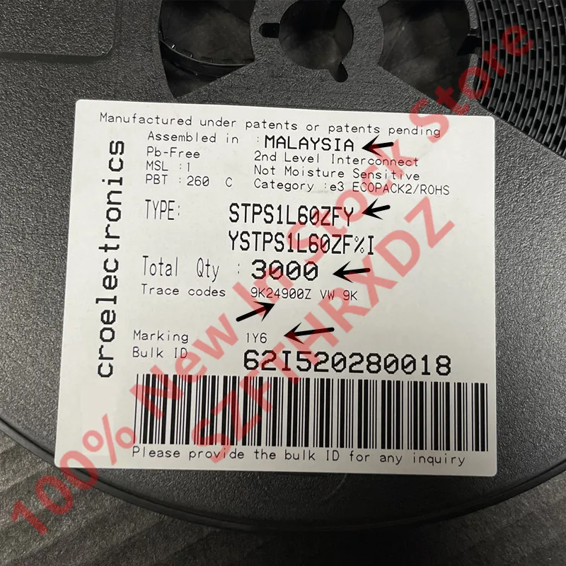 100% NEW ORIGINAL STPS1L60ZFY SOD123F-2 Marking:1Y6 Diode Schottky 60V 1A 2-Pin SOD-123F T/R