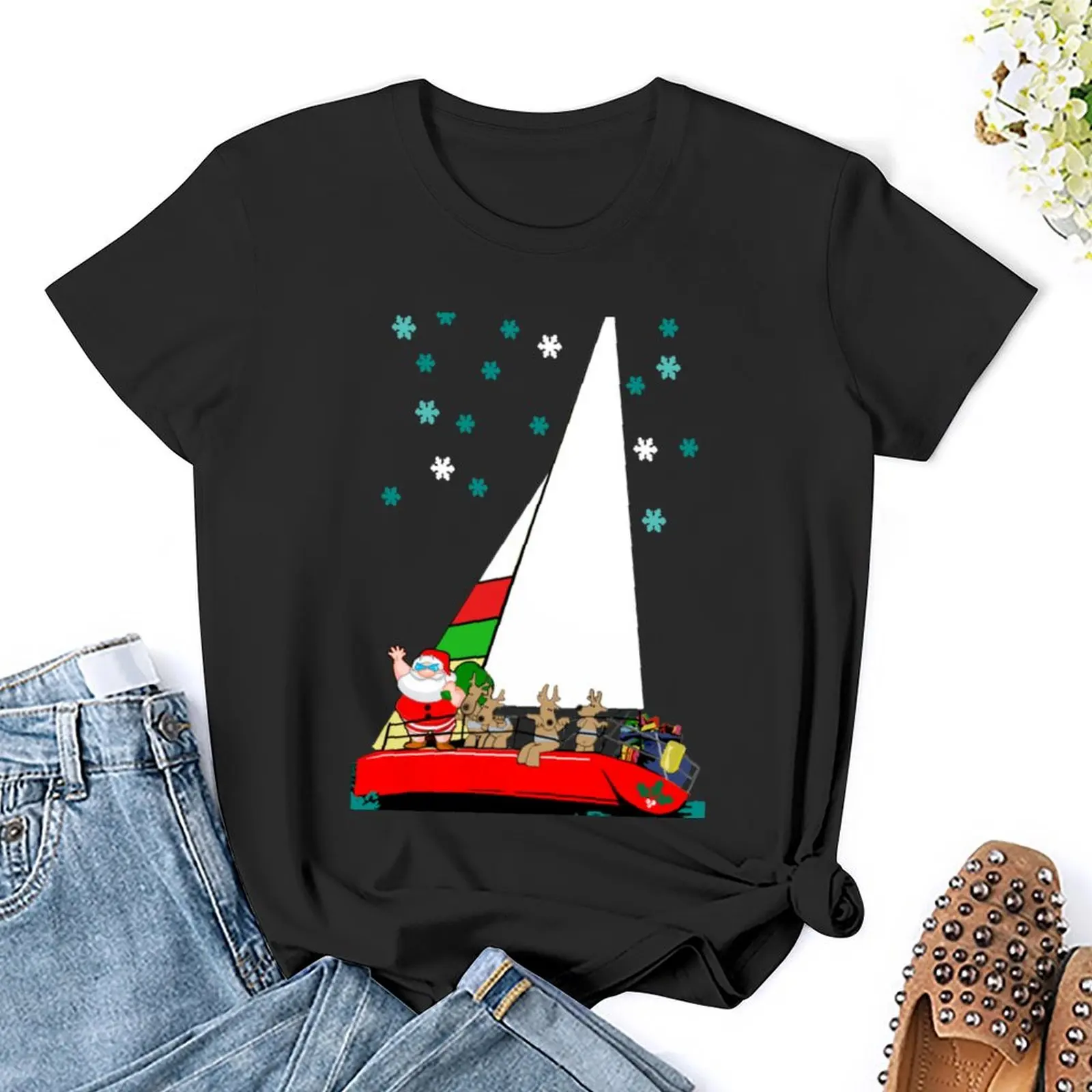 Sailing With Santa at Christmas T-Shirt graphics Blouse oversized t shirts for Women