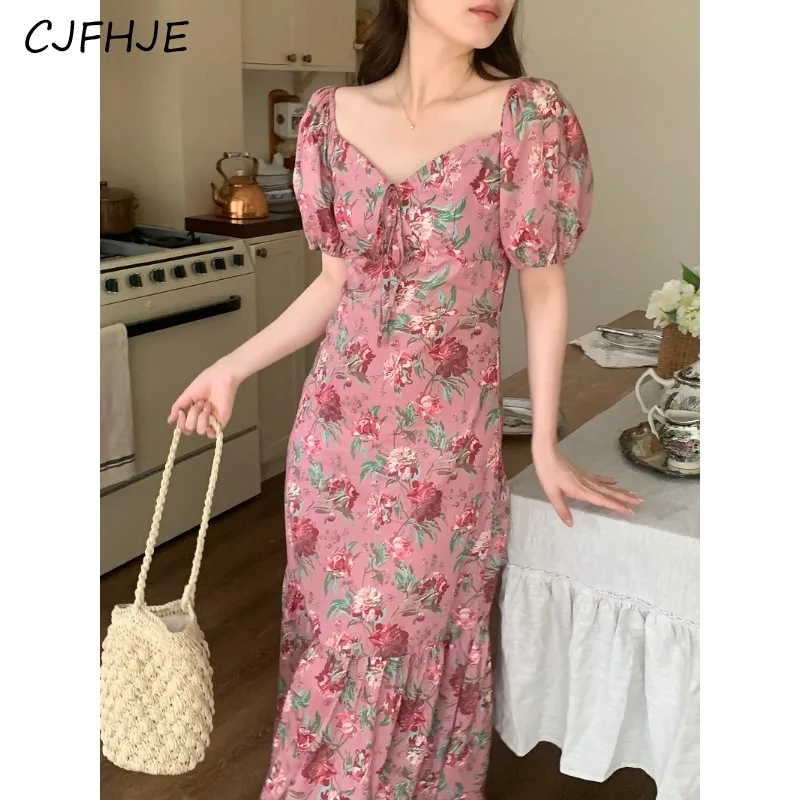 

CJFHJE French Retro Elegant Floral V-neck Dress Women Summer Korean Fashion Tie Up High Waisted Women Mid Length Fishtail Dress