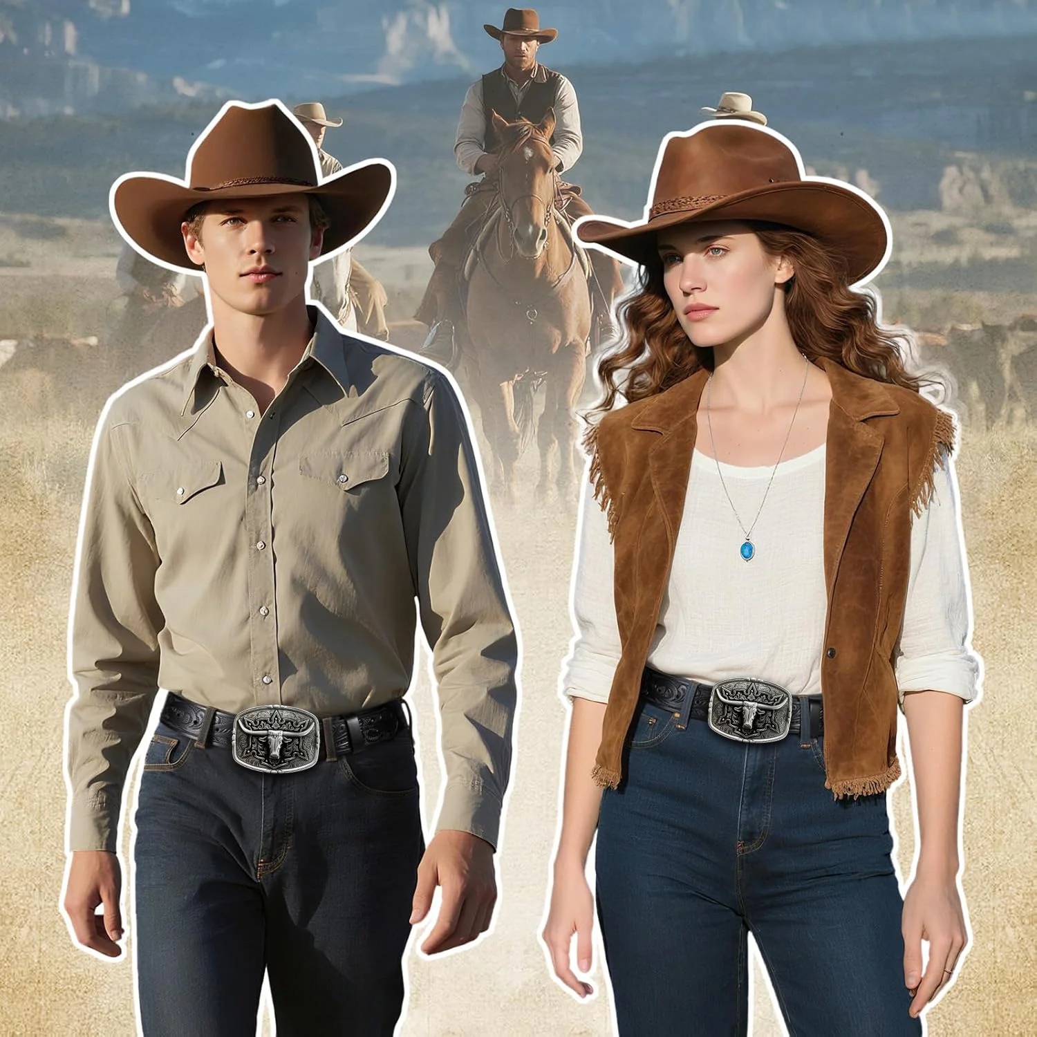 Cinturón de hombre estilo pareja de vaquero occidental - Patrón irregular Tallado Flor Cuerno largo Cabeza de vaca Hebilla suave Cinturón de mujer - Countr