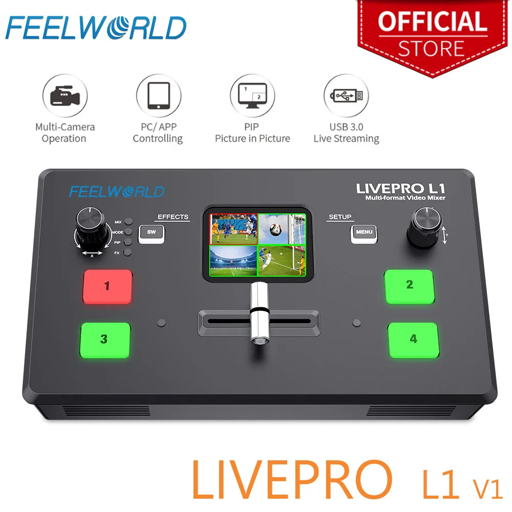 Do Brasil FEELWORLD  LIVEPRO L1 V1 Multi Format Video Mixer Switcher 4xHDMI Inputs USB3.0 Live Streaming Youtube