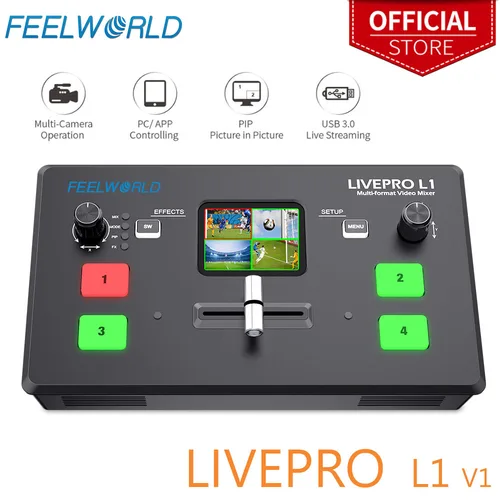 Do Brasil FEELWORLD LIVEPRO L1 V1 Mezclador de vídeo multiformato Conmutador 4 entradas HDMI USB3.0 Transmisión en vivo Youtube