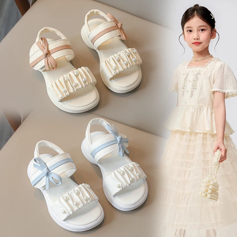 Girls Summer Sandals with Princess Bow-knot Pearls Ruffles Sweet Kids Summer Shoes Fashion 2026 Brand New Soft Chic 26-37 Chic