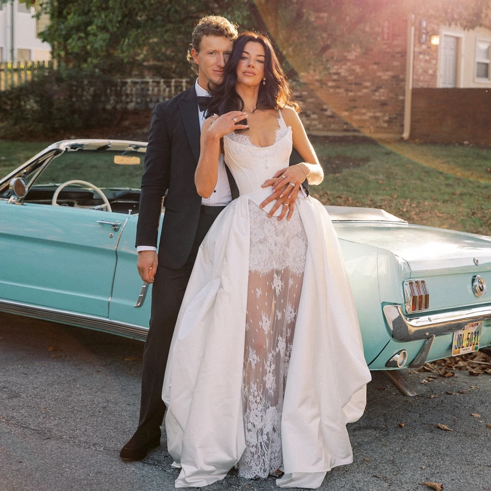 

Винтажное кружевное свадебное платье с глубоким V-образным вырезом, элегантное белое атласное свадебное платье трапециевидной формы с оборками и аппликациями, прозрачное сетчатое платье из тафты для выпускного вечера