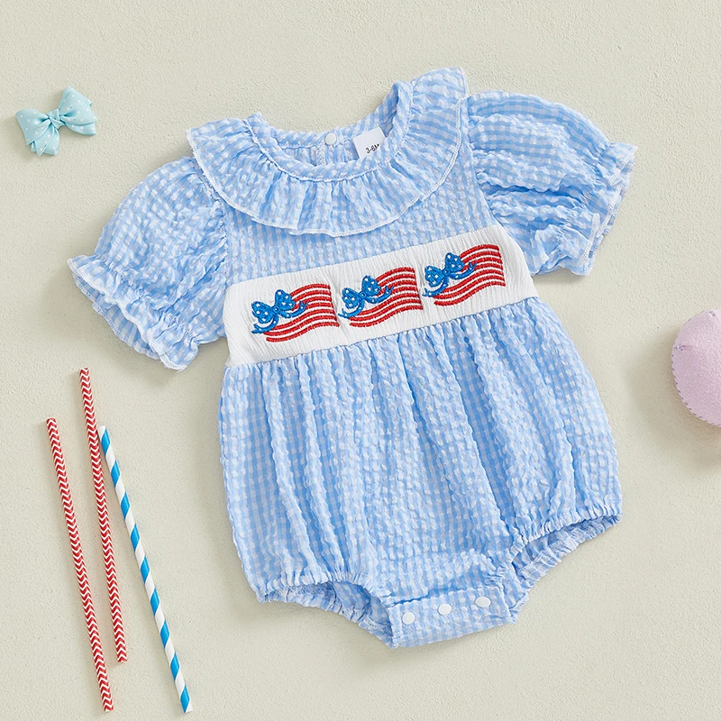 

Baby Girl Romper Cute Short Sleeve Bow Embroidery Patchwork Bodysuit Newborn Playsuit