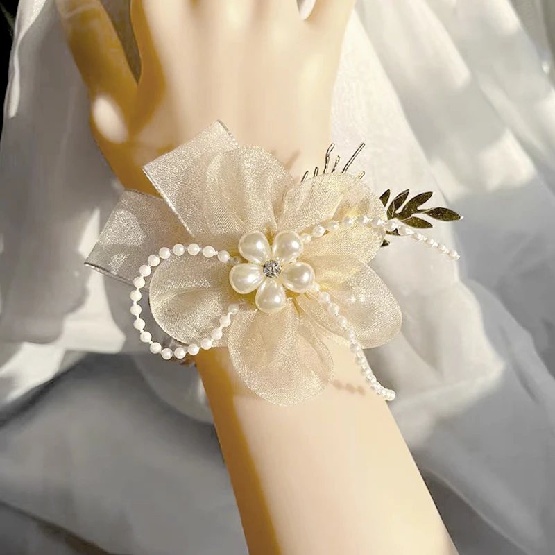 New Pearl Silk Yarn Bridal Bridesmaid Wrist Flower Women Girl Wedding Party Hand Flower Wristband Jewelry Decor