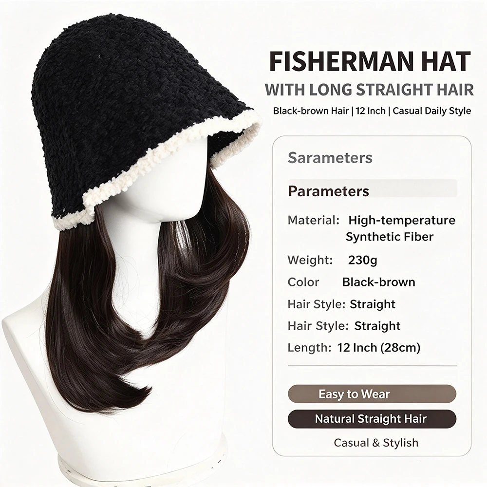 Fisherman's Hat Wig Hair Extensions Hat Wigs Natural Black Synthetic Short Clavicle Hair Warm Autumn Winter Cap Wig