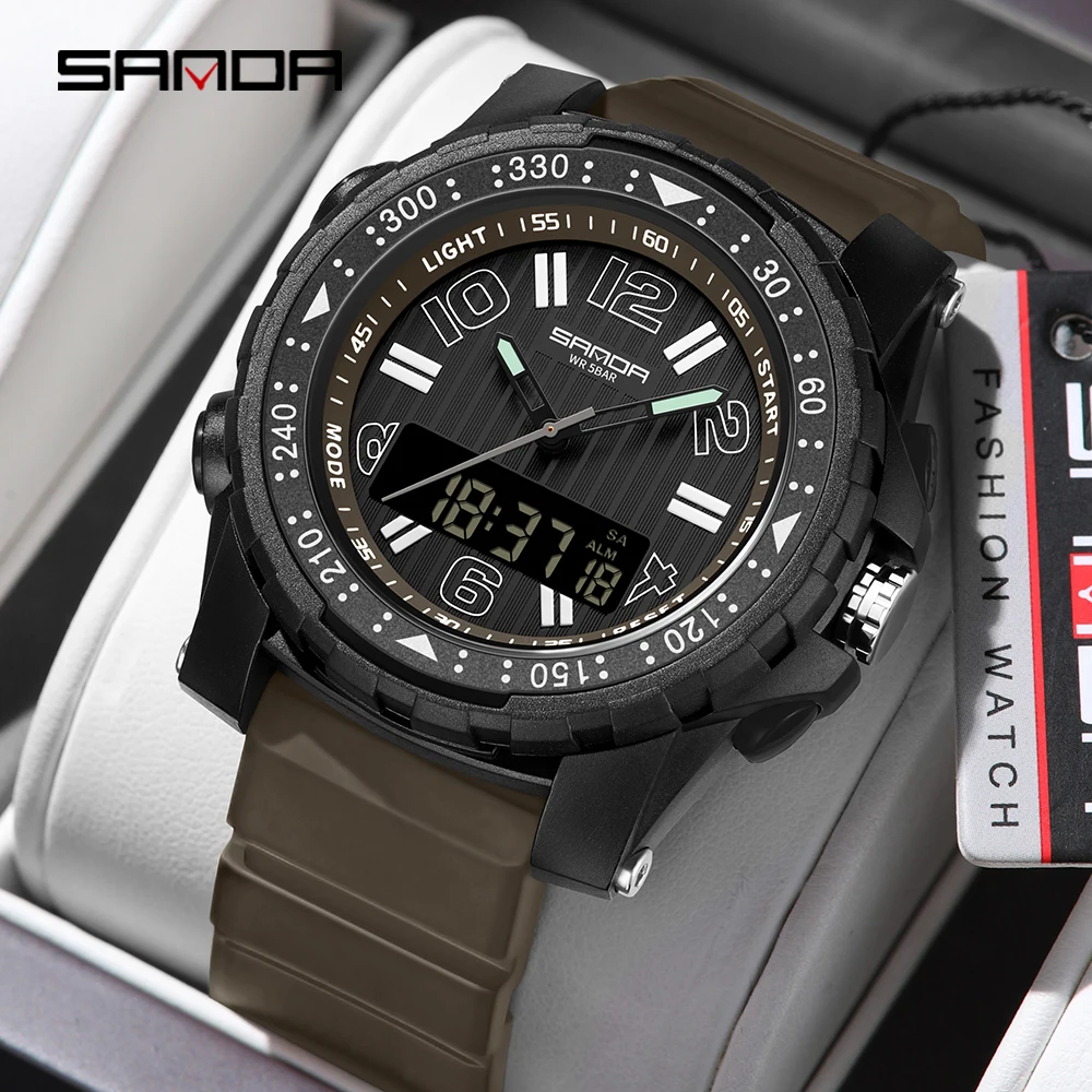 SANDA 3375 Luxury Fashion Men's Electronic Quartz Watch 2024 Sport Multi functional Waterproof LED Men's Electronic Watch