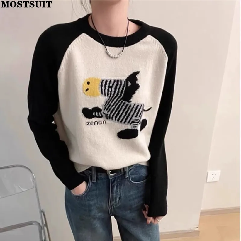 Korean Horse Jacquard Knit Sweater Pullover Women 2024 Spring Long Sleeve O-neck Color-blocked Stylish Fashion Loose Jumpers Top