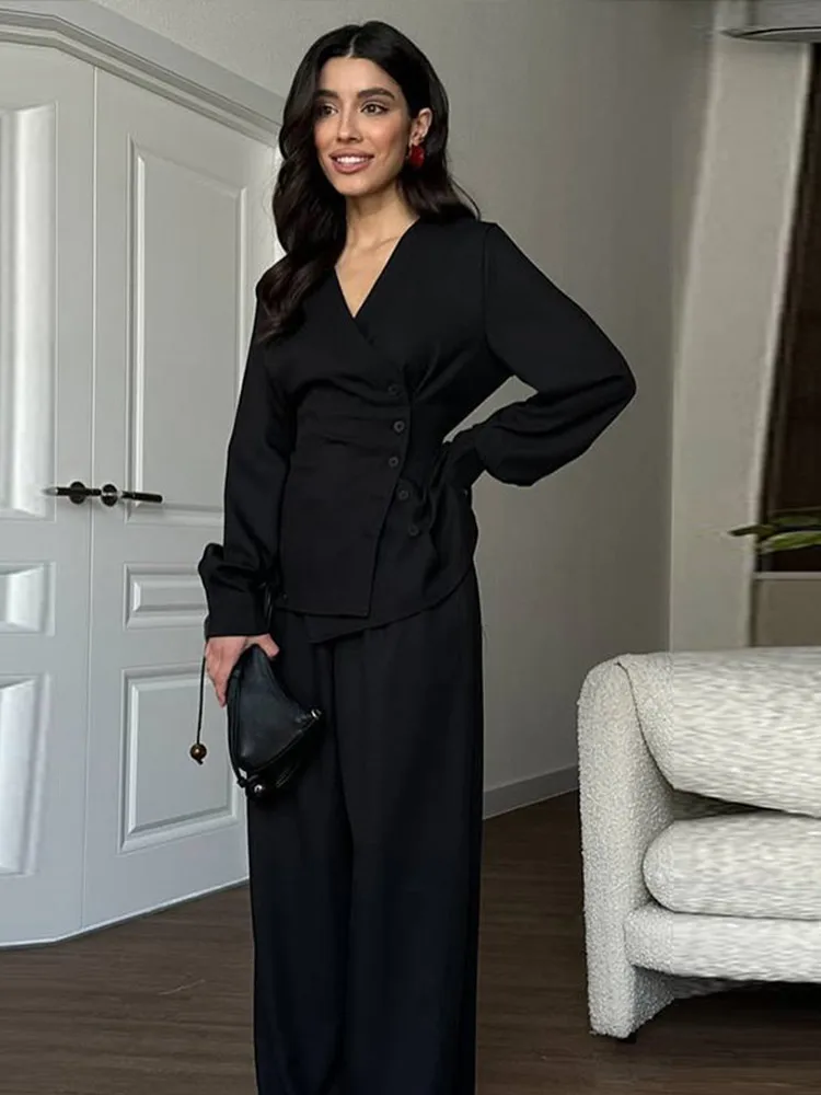 

Fashion Women's Two Piece Suit V-neck Long Sleeve Single Breasted Top Straight-leg Pants 2025 Summer Chic Female Casual Outfits