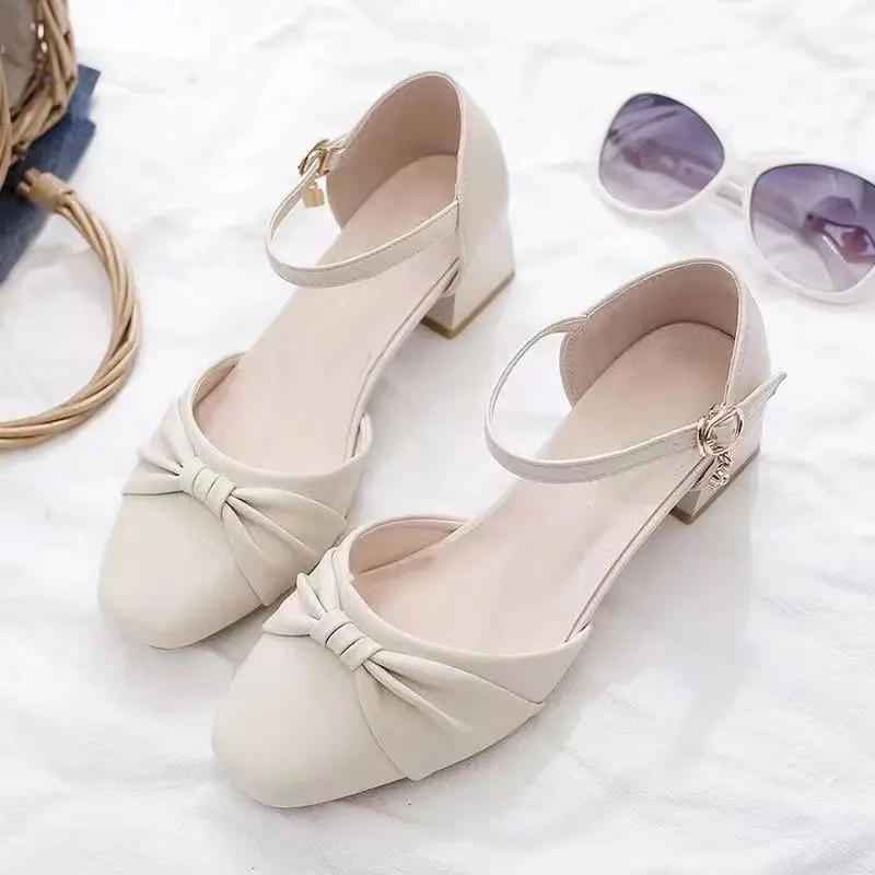 2024 Baotou Sandals Women's Summer Thick Heels New Middle Heel Single Shoes Square Head Versatile Matching Skirt Sandals