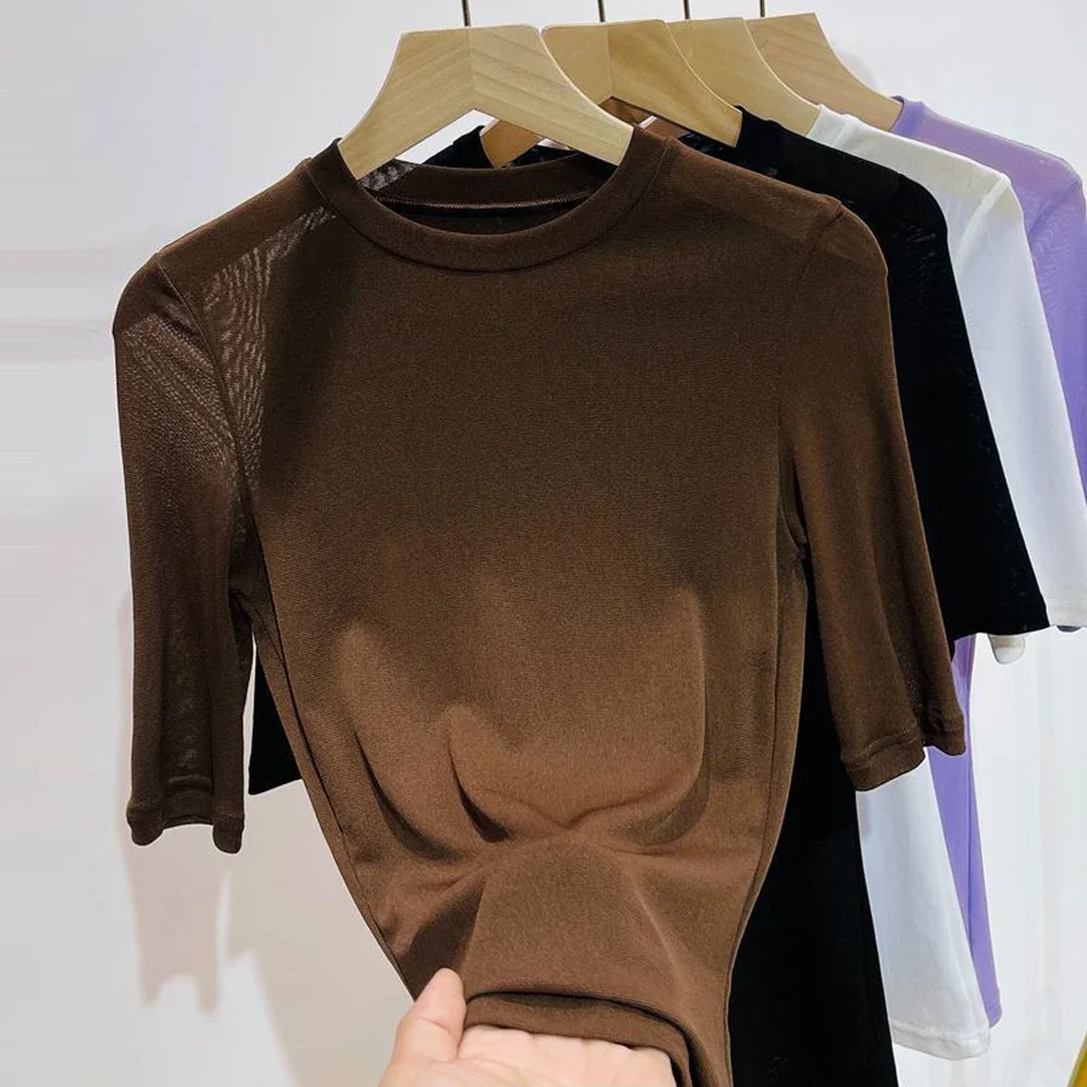 Transparent Mesh Short Sleeve Shirt Women Half Sleeve O-neck Thin T shirt Girls Coffee Purple Black White O Neck Female Blouses