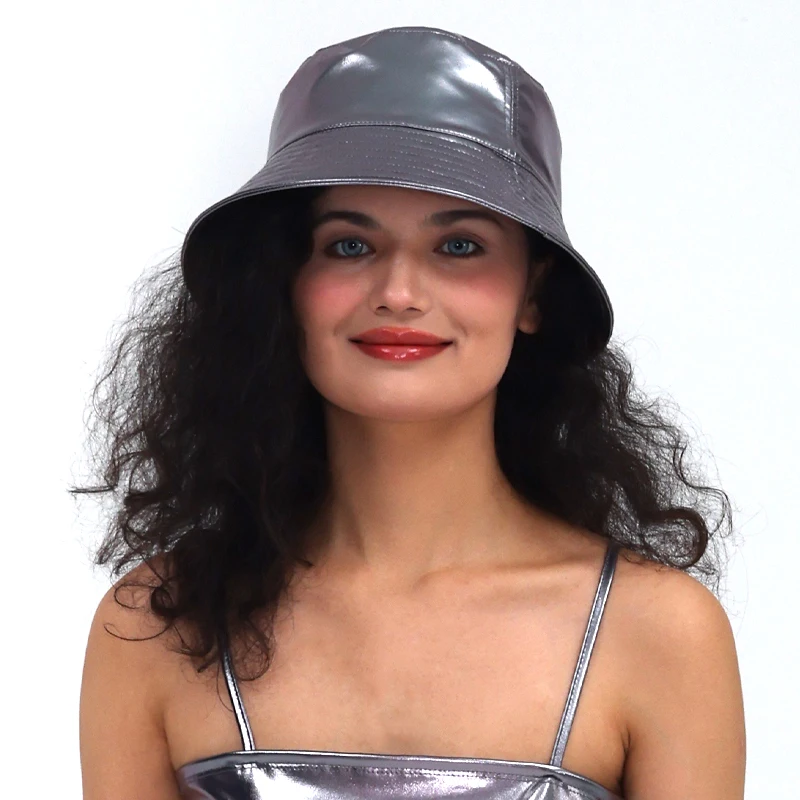 Women Shiny PU Leather Waterproof Panama Cap Holographic Hip-hop Bucket Hat Street Party Dance Disco Chic Hat Trendy Vintage