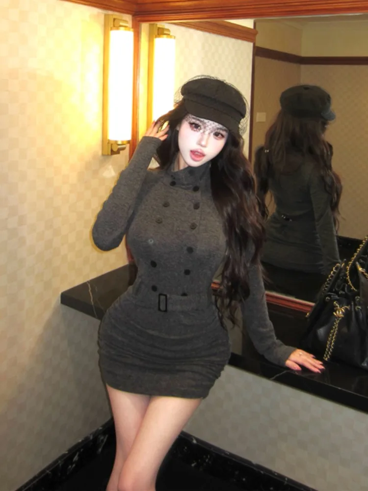 

ay Retro Spicy Girl High Collar Long Sve Dr Women's Autumn Winter Slimming ort Skirt Bodycon Knitted High Elastici