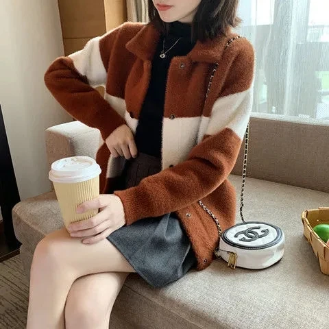 Imitation Mink Velvet Color Matching Coat Women's 2022 Mew Autumn And Winter Fashion Korean Version Student Loose Woolen Jacket